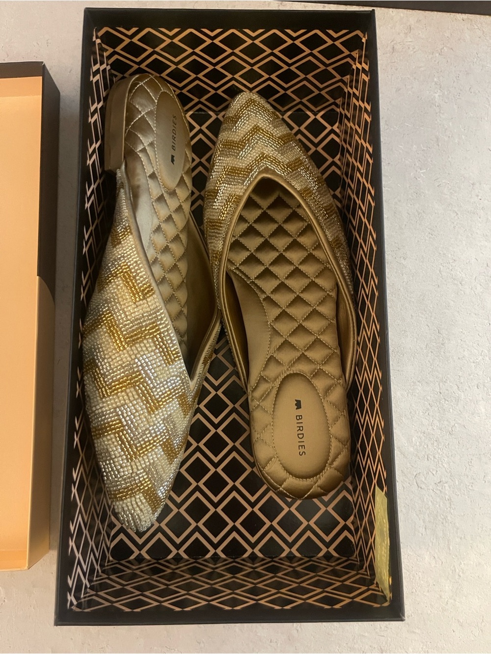 NWT Birdies “The Swan” Beaded Deco Chevron Mule Flats — Gold/Silver | Size 9.5 - Picture 3 of 8